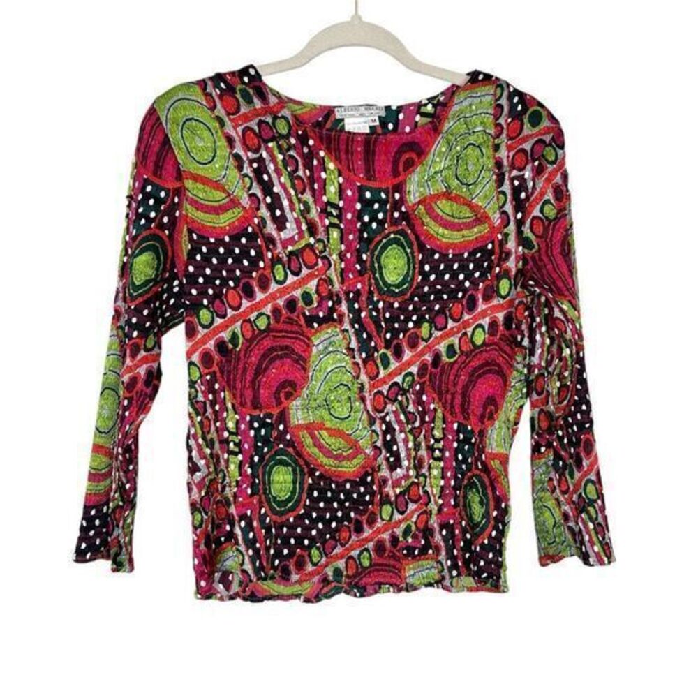 Alberto Makali Blouse Womens Medium Red Green Black Sequin Stretch Crinkle Top